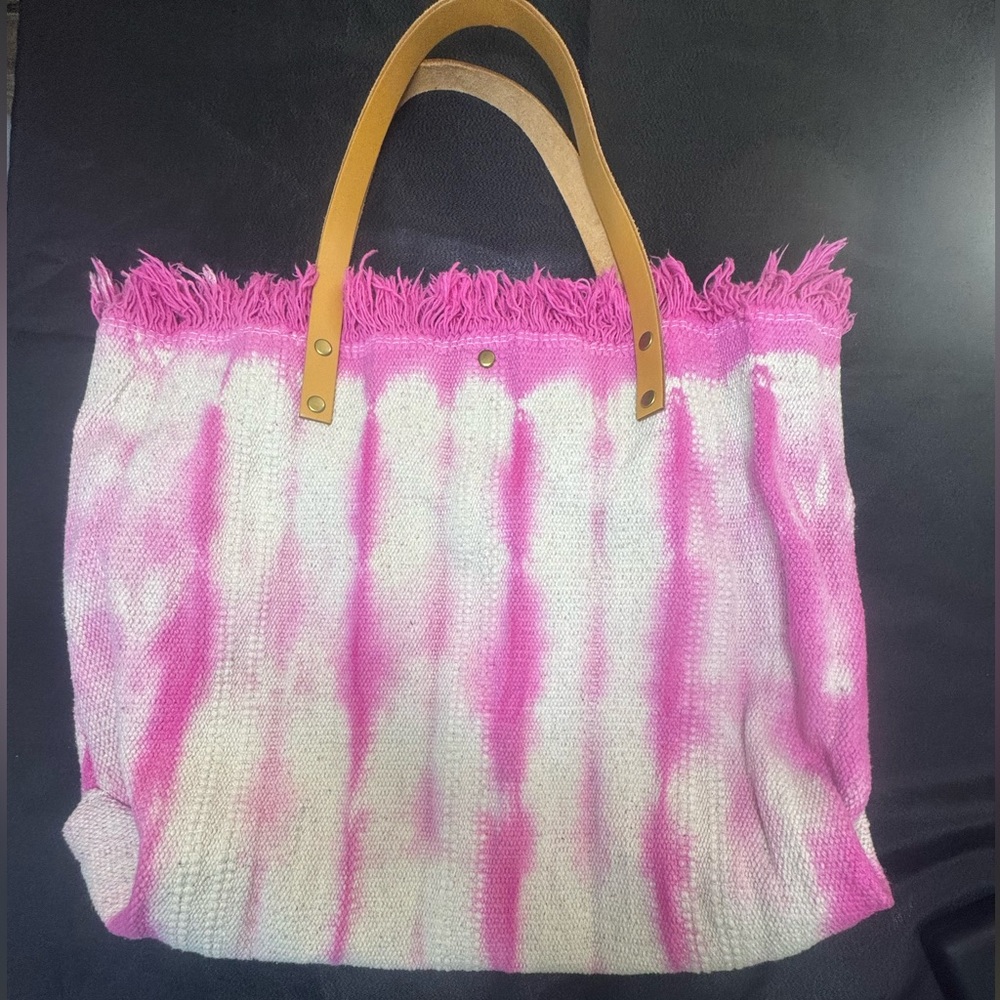 Pink and White‎ Tote Bag with Tan Handles